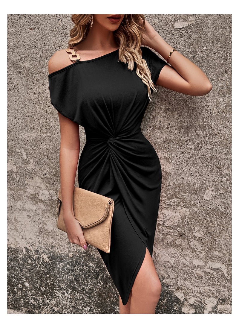 Shein - SHEIN Clasi Asymmetrical Neck Twist Front Wrap Hem Dress Maxi Women Outfit - Image 1