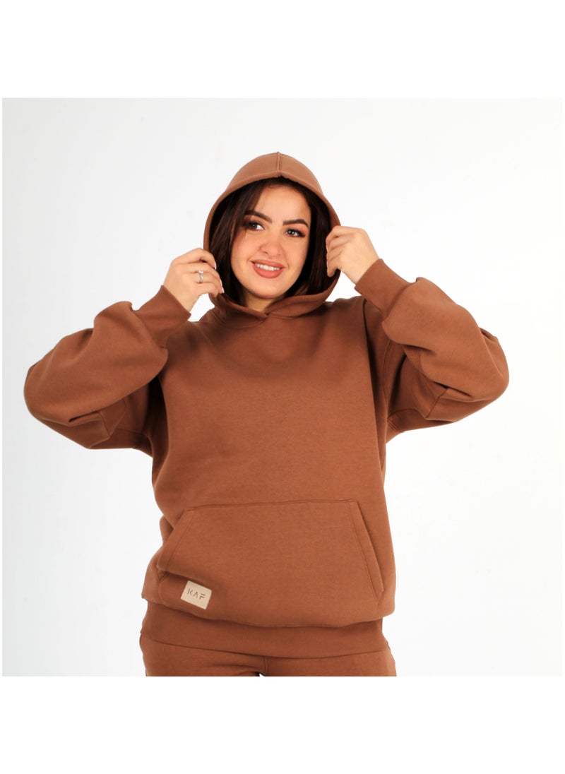 ماركة غير محددة - سويت شيرت اوفر سايز هودي قطن - نسائي - بني - Image 1