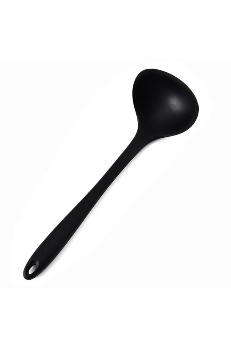 مغرفة شوربة من السيليكون الأسود غير اللاصق، ملعقة مرنة، مغرفة بمقبض منحني، مقاومة للحرارة، دائرية الشكل.