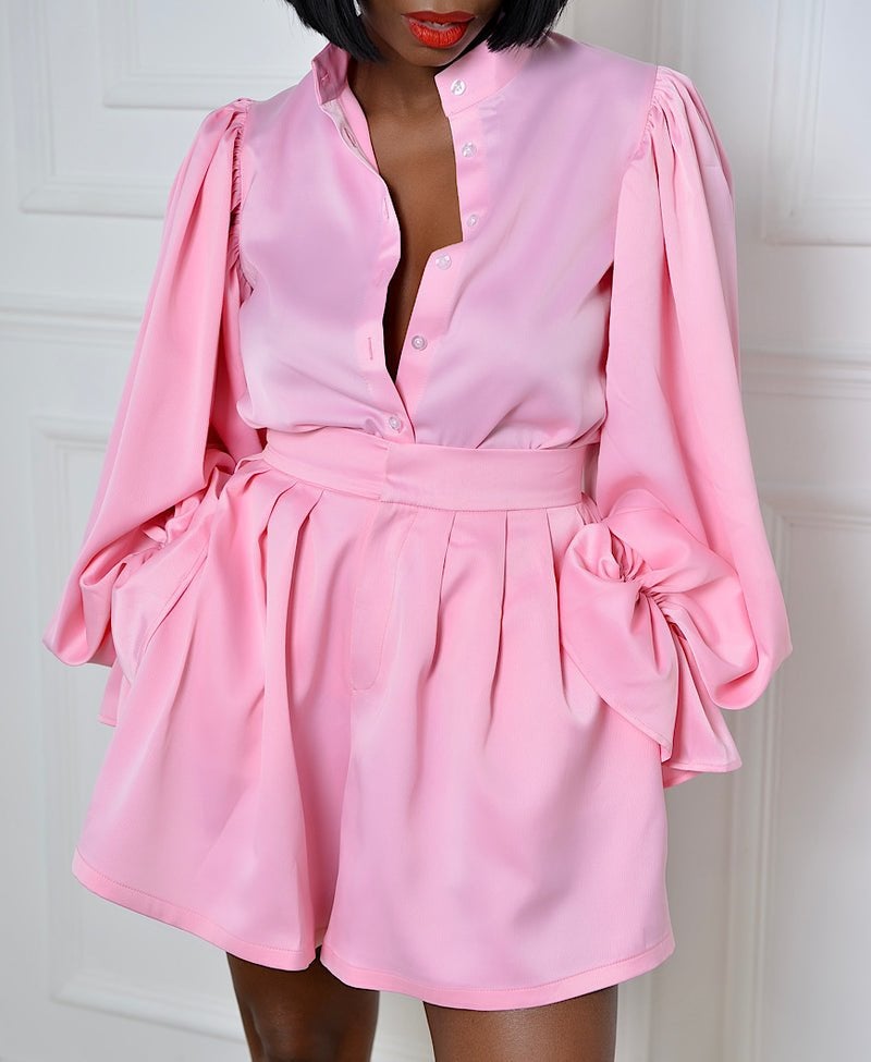L082 Summer Temperament High Waist Pants Set Solid Color Shirt Solid Color Zipper Long Long Sleeve Temperament Commuter Pink  - Image 3