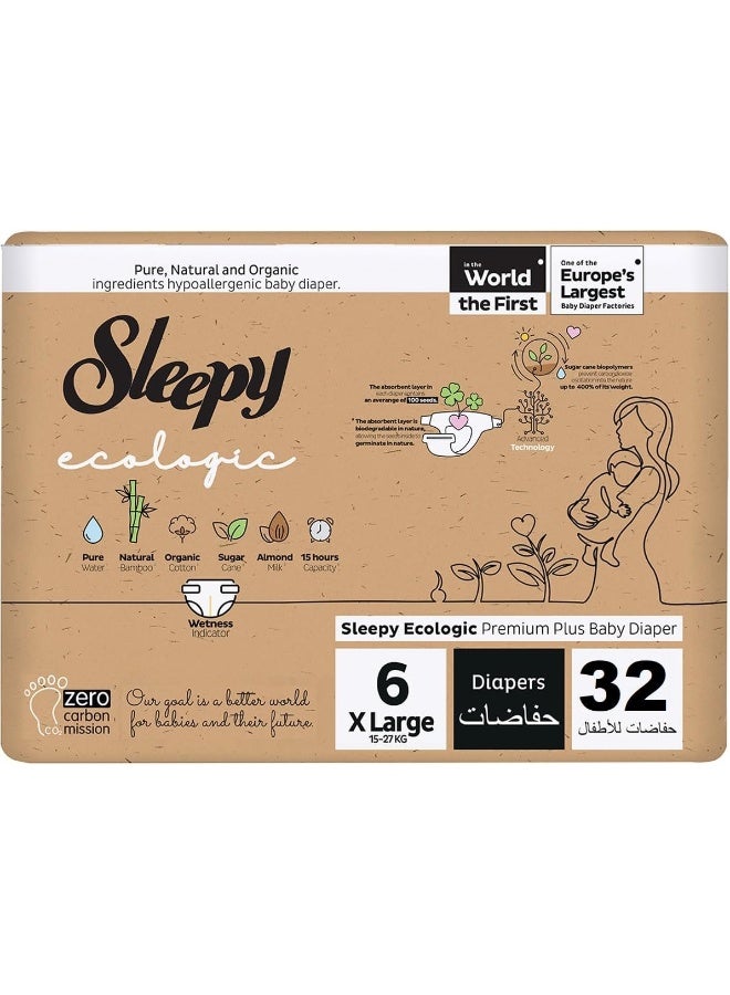 Sleepy Ecologic Size 6, 32 Count, Hypoallergenic, Plant-Based, Biodegradable, Sustainable, Premium Taped Diapers With High Absorption, Organic Baby Dry Diaper 15-27 Kg, 100% Leakproof
