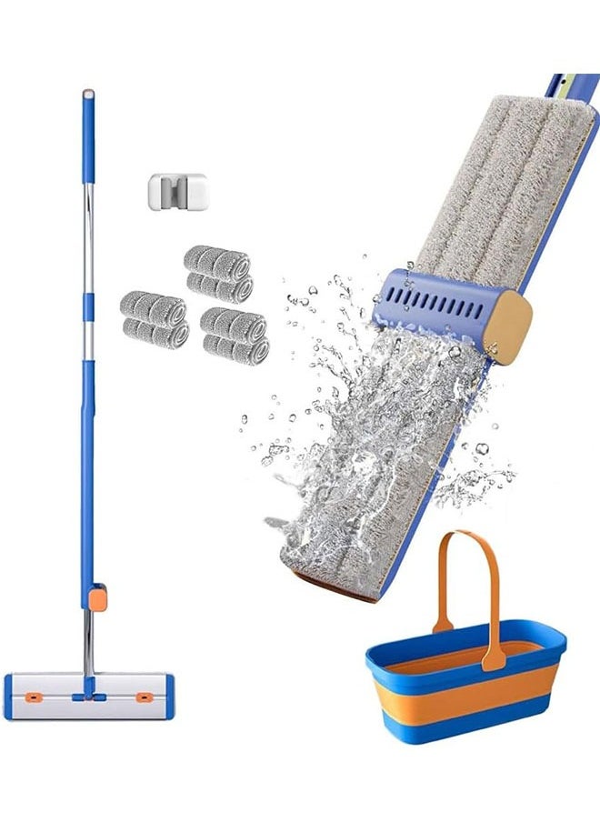 Generic - Large Flat Mop Floor Mop Roseionly Flat Mop with Wringer Set 360 Degree Rotating, Adjustable Stainless Steel Long Handle with Dewatering Scraper Washable Microfiber Pads,Blue,Mop Bucket Set - Image 1