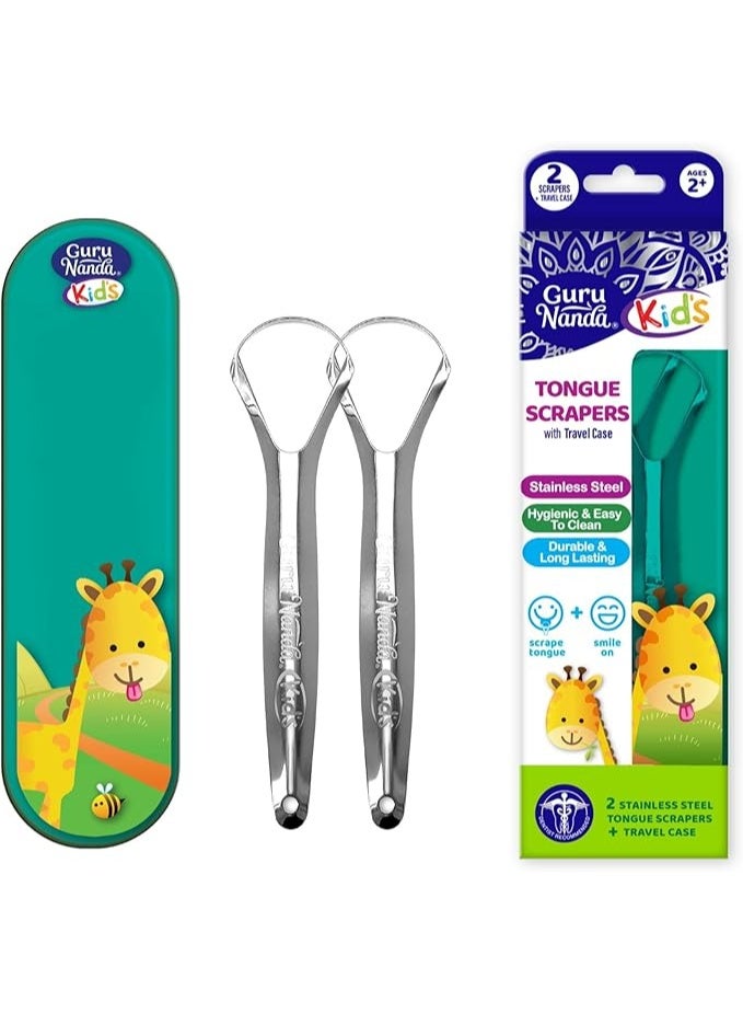 GuruNanda Kids Tongue Scraper Stainless Steel Oral Hygiene Travel Case 2 Pack - Image 1