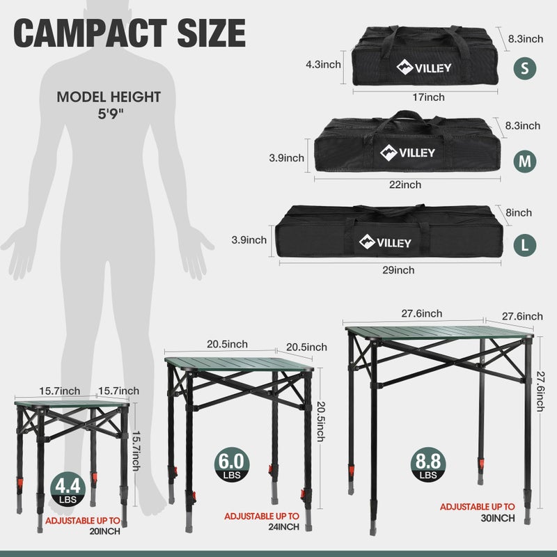 VILLEY Folding Camping Square Table with Carry Bag, Lightweight Aluminum Adjustable Square Table for Outdoor, Camping, Picnic, Backyards, BBQ (M) - Image 3