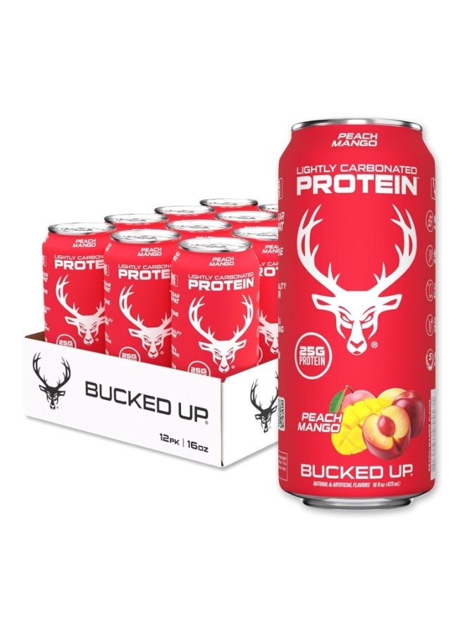 Bucked Up Lightly Carbonated Protein Soda | 25g Whey Isolate - Zero Sugar, Low Calorie, Caffeine Free, Clean Drink | Sparkling Protein Soda - 12 Pack, 16 oz Cans (Peach Mango) - Image 1