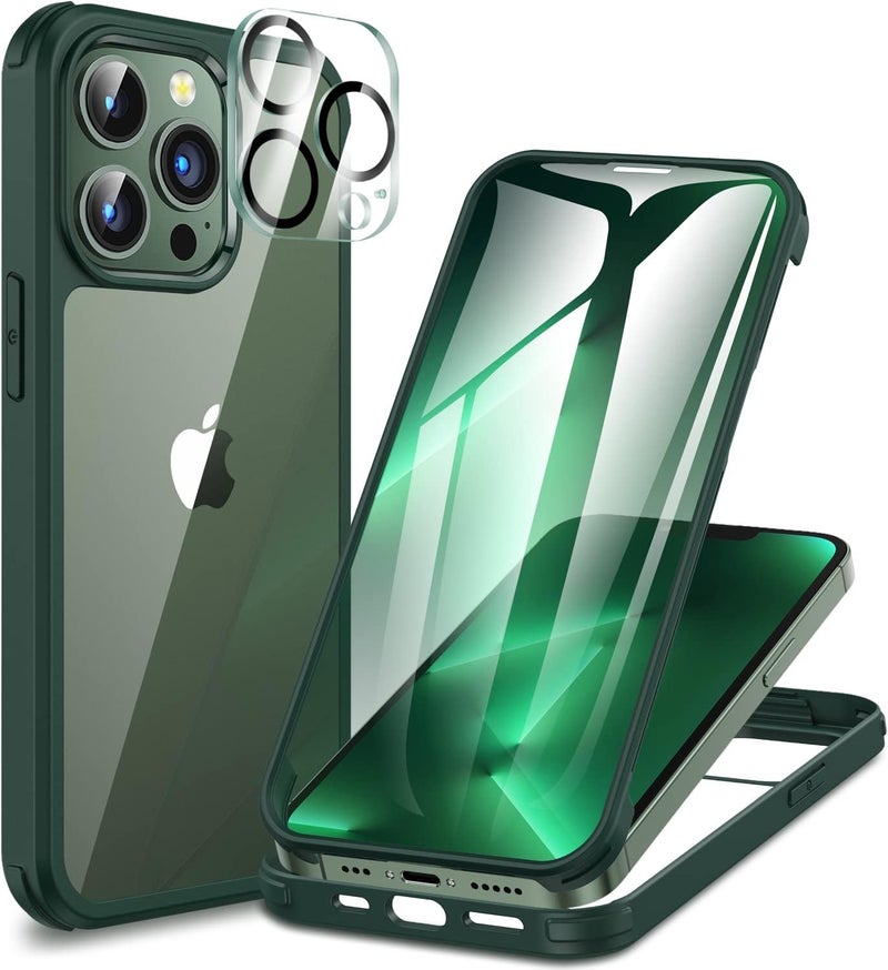 CENHUFO iPhone 13 Pro Case with Tempered Glass Screen Protector and Camera Protector [9H Hardness] 360° Shockproof Double Sided Phone Case Full Cover for iPhone 13 Pro – Green Scratch resistant - Image 1