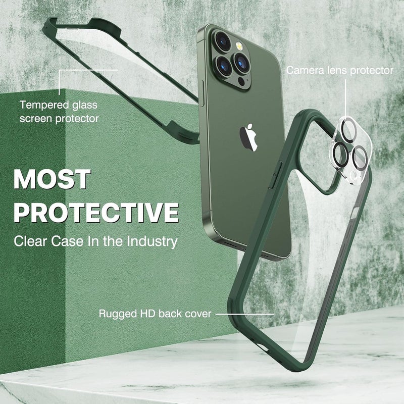 CENHUFO iPhone 13 Pro Case with Tempered Glass Screen Protector and Camera Protector [9H Hardness] 360° Shockproof Double Sided Phone Case Full Cover for iPhone 13 Pro – Green Scratch resistant - Image 3
