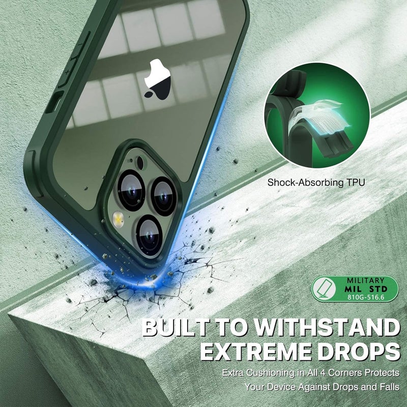 CENHUFO iPhone 13 Pro Case with Tempered Glass Screen Protector and Camera Protector [9H Hardness] 360° Shockproof Double Sided Phone Case Full Cover for iPhone 13 Pro – Green Scratch resistant - Image 5