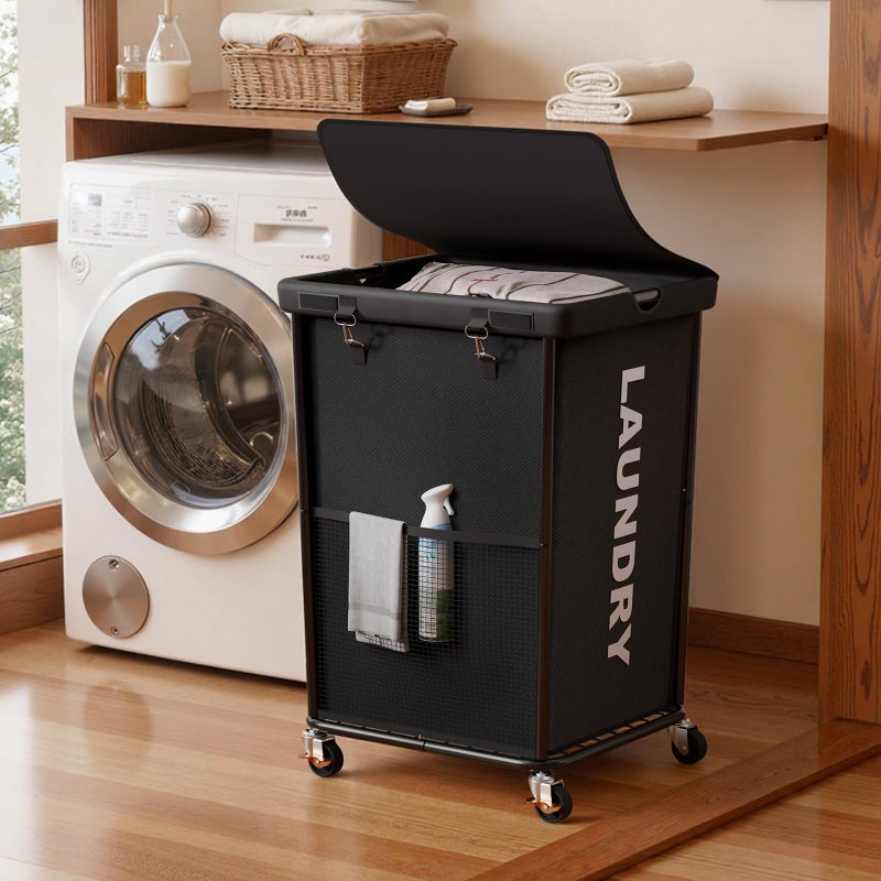 Olldide 150L Laundry Basket with Wheels, Rolling Laundry Hamper with Cloth Cover, Laundry Cart with Metal Frame & Removable Bag, Large Dirty Clothes Hampers for Bedroom Aesthetic, Laundry Room Bathroom, Black - Image 1