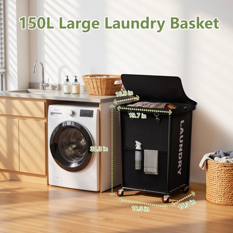 Olldide 150L Laundry Basket with Wheels, Rolling Laundry Hamper with Cloth Cover, Laundry Cart with Metal Frame & Removable Bag, Large Dirty Clothes Hampers for Bedroom Aesthetic, Laundry Room Bathroom, Black - Image 2