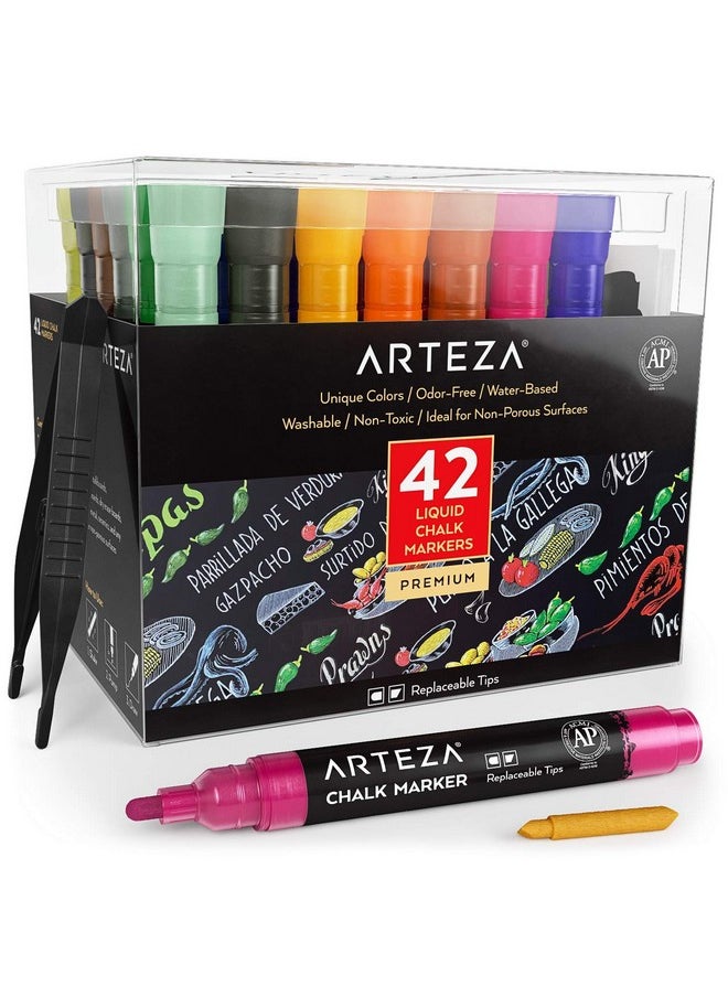 ARTEZA ARTEZA Liquid Chalk Markers, 42 Colors Pack with 50 Chalkboard Labels, Fine Tip Chalk Pens for Blackboard, Whiteboard, Windows, Mirrors, Glass  - Image 1