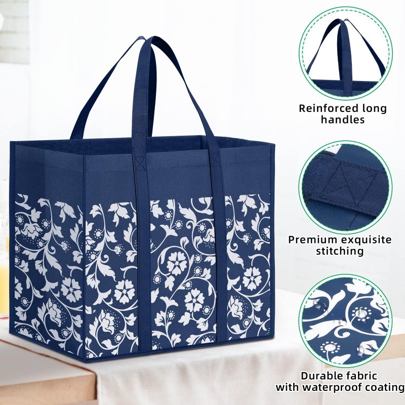 WOWBOX Reusable Grocery Bags Foldable Tote Bags Bulk with Reinforced Handles Shopping Bags for Groceries Heavy Duty Kitchen Reusable Grocery Bags with Waterproof Coating 4-Pack, Blue - Image 5