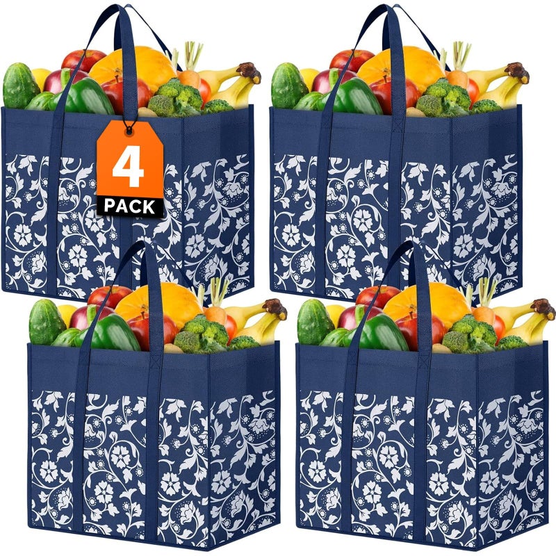 WOWBOX Reusable Grocery Bags Foldable Tote Bags Bulk with Reinforced Handles Shopping Bags for Groceries Heavy Duty Kitchen Reusable Grocery Bags with Waterproof Coating 4-Pack, Blue - Image 1
