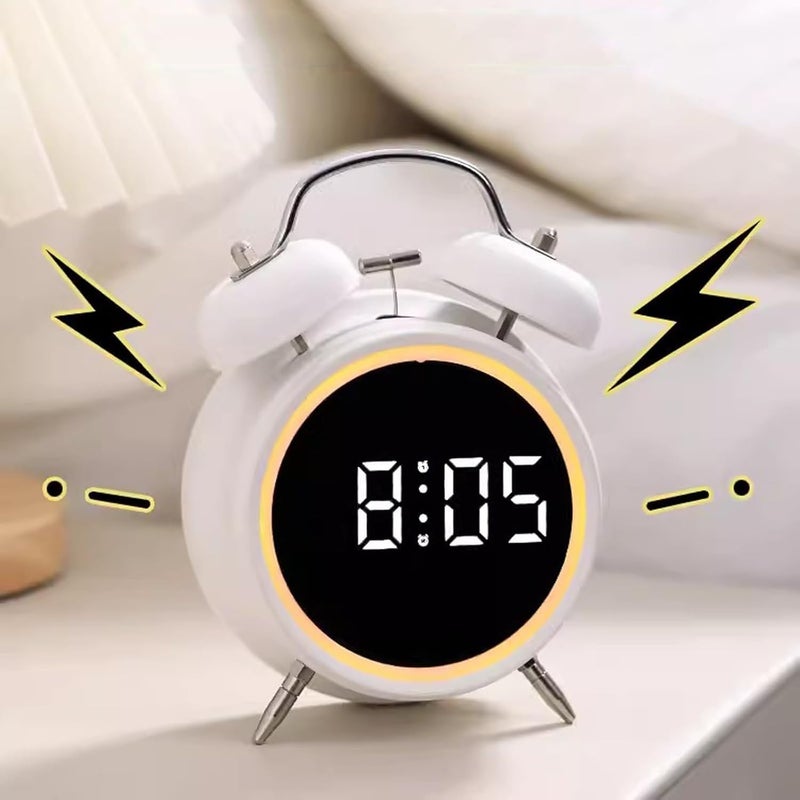 waqif LED Display Digital Clock with Night Light Twin Bell Alarm Clock USB Rechargeable Battery Operated Loud Bell Metal Alarm Clock for Office Bedroom White - Image 1