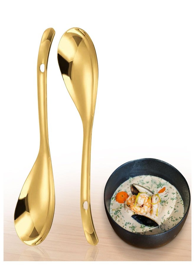 Roucerlin 2 Pcs 9 Inch Gold Stainless Steel Rice Spoons Paddle, Metal Spatula Scoop, Non-Stick Cooker Spoon, Soup Ladle Scooper Spoons for Serving Cooking Kitchen Utensil - Image 1