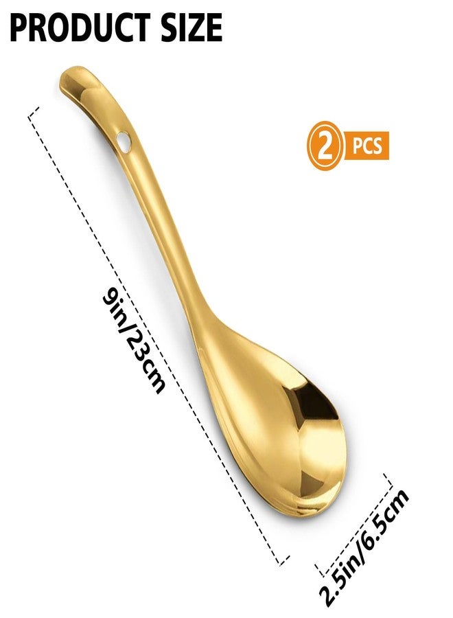 Roucerlin 2 Pcs 9 Inch Gold Stainless Steel Rice Spoons Paddle, Metal Spatula Scoop, Non-Stick Cooker Spoon, Soup Ladle Scooper Spoons for Serving Cooking Kitchen Utensil - Image 2