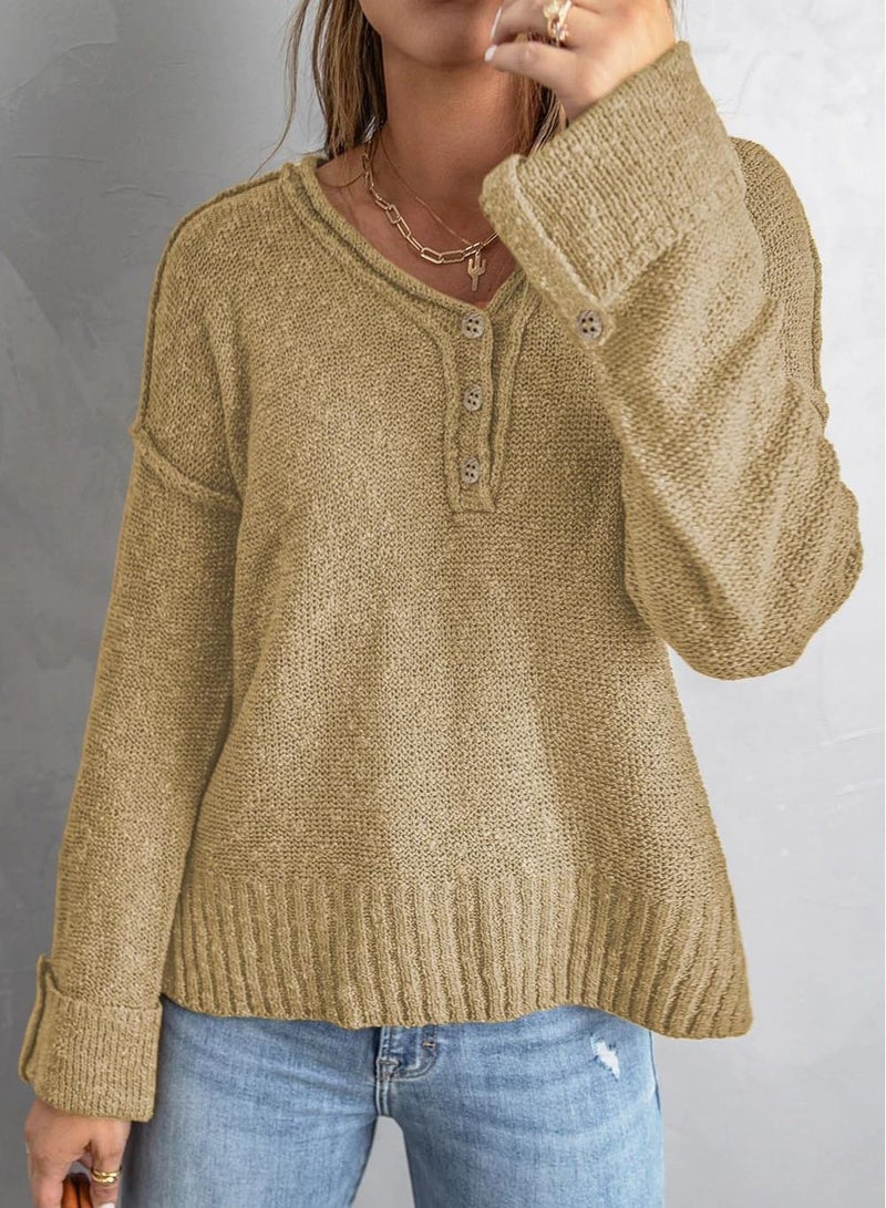 Loquat Baggy V-neck, Long-sleeved Top Brown - Image 1