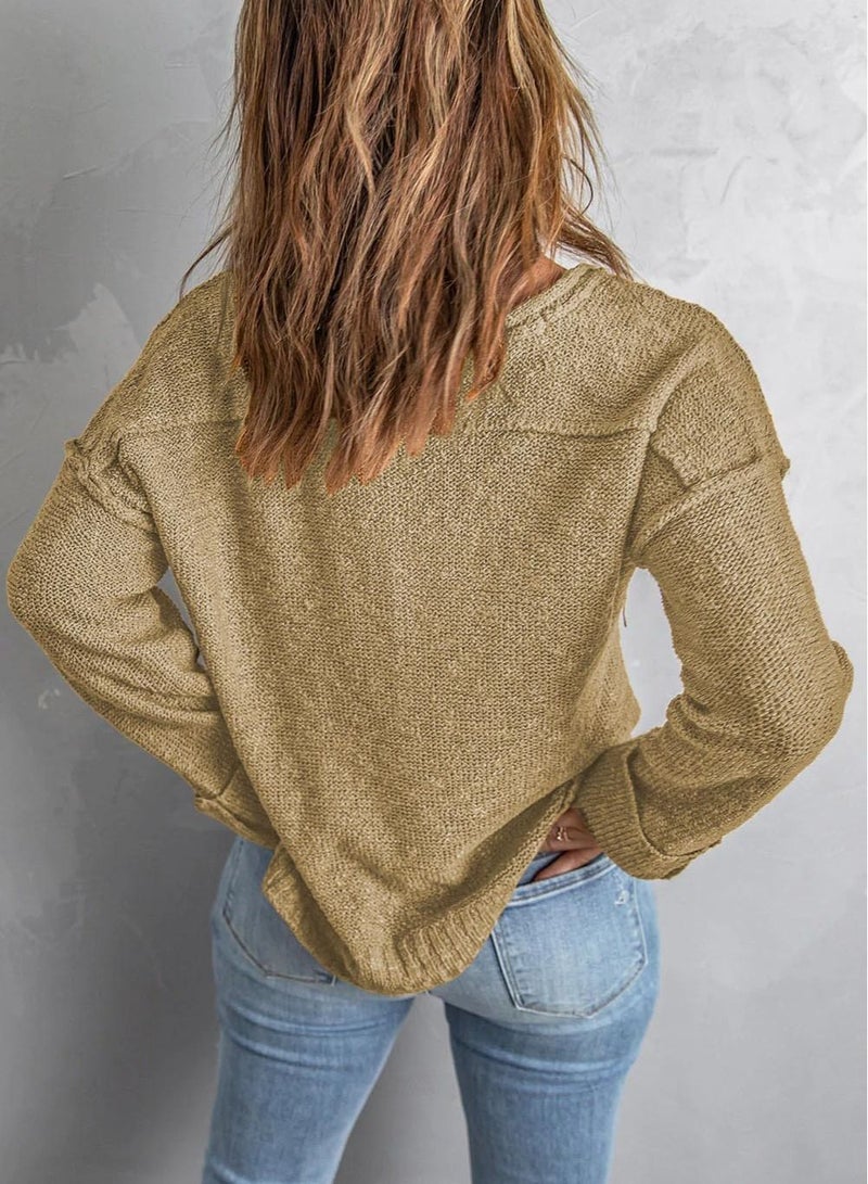 Loquat Baggy V-neck, Long-sleeved Top Brown - Image 2