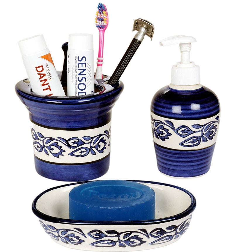 JGS Ceramic Bathroom Accessory Brush Toothpaste Holder with Soap Dish for Home Bathroom Set of 3 - Image 1