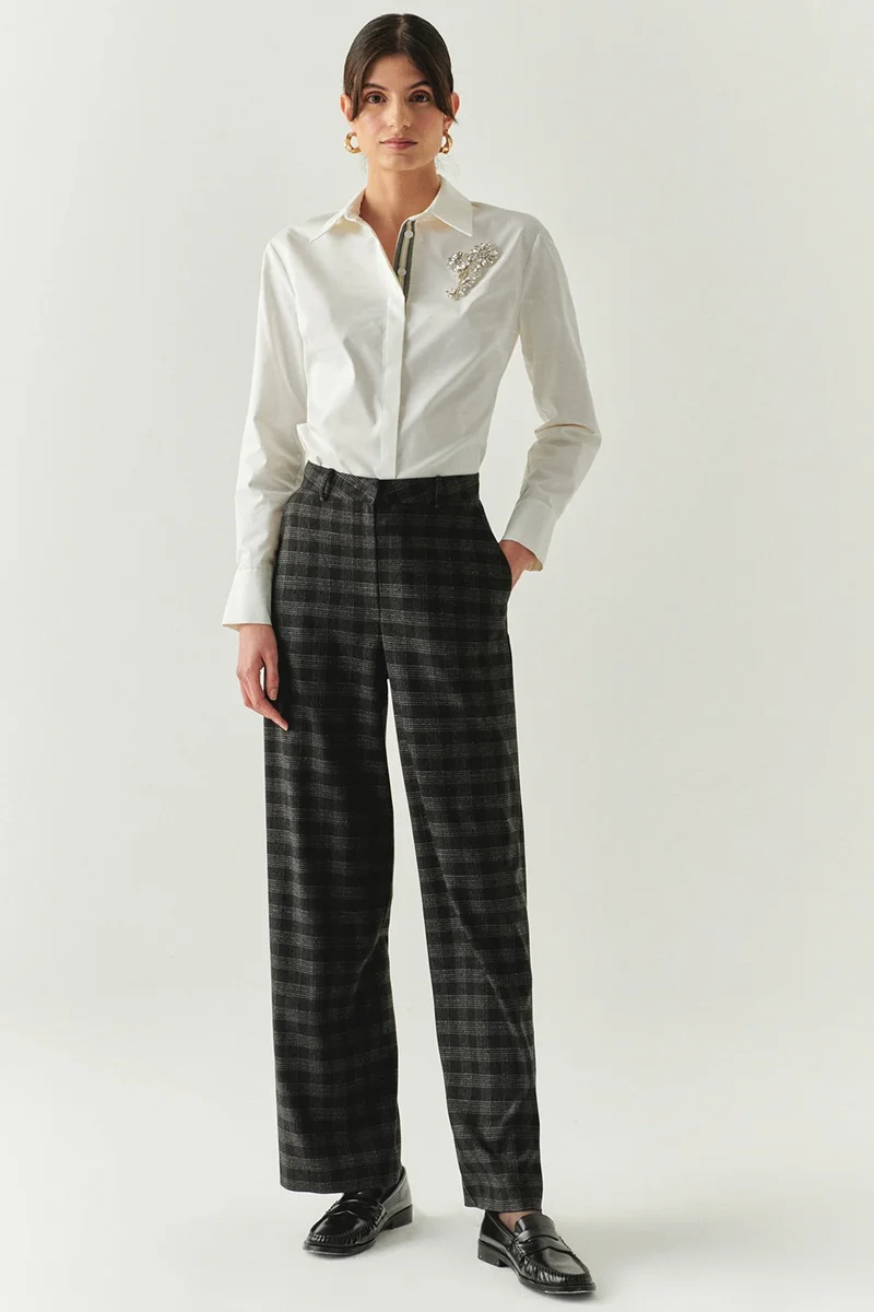 EXQUISE Plaid Stone Detail Pocketed Straight Leg Regular Anthracite Trousers