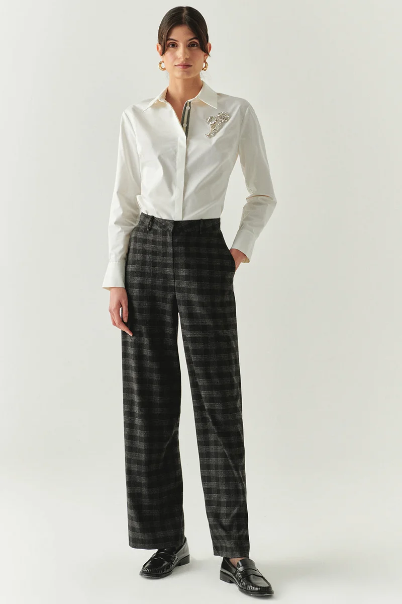 Exquise Plaid Stone Detail Pocketed Straight Leg Regular Anthracite Trousers