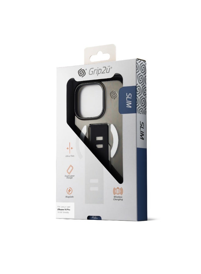 جريب 2 يو غطاء Grip2U Slim متوافق مع MagSafe لهاتف iPhone 16 Pro، شفاف بلون دخاني، مع حزام مدمج لقبضة الإصبع، حماية مقاومة للصدمات، متوافق مع الشحن اللاسلكي - Image 4