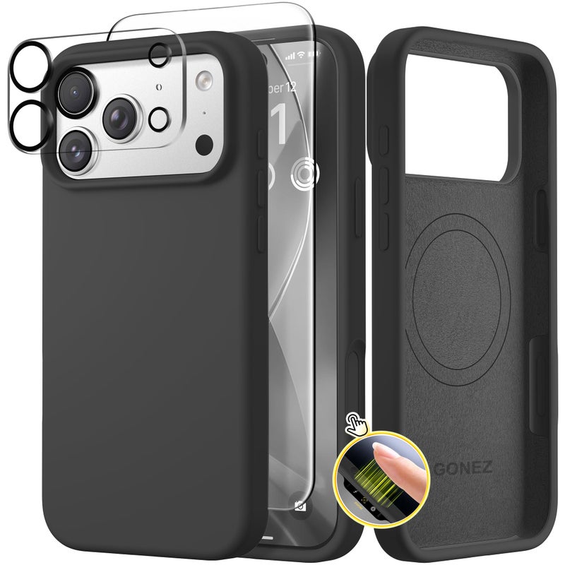 GONEZ Magnetic for iPhone 17 Pro Case, Compatible with MagSafe, [Screen Protector + Camera Lens Protector], Liquid Silicone Anti-Scratch Shockproof Protective Phone Case 6.3 inch, Black - Image 1