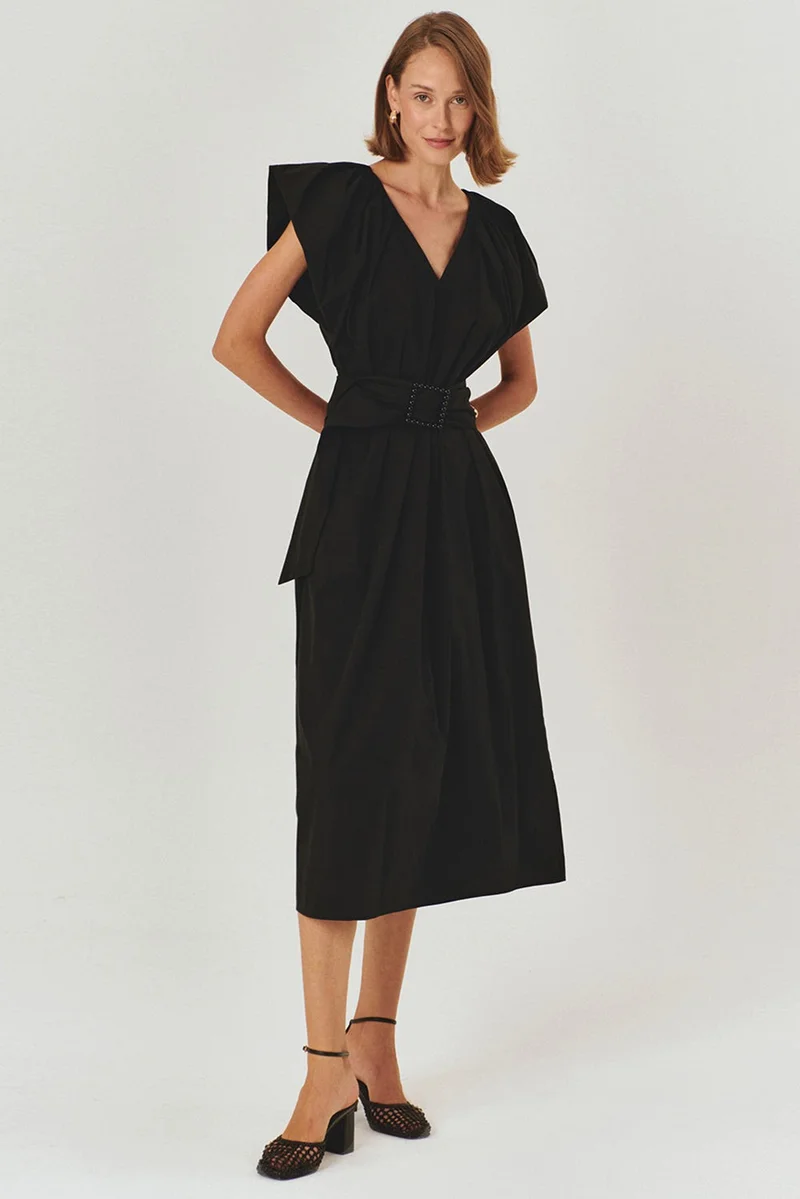 EXQUISE Belt Detail V-Neck Cotton Black Regular Midi Dress