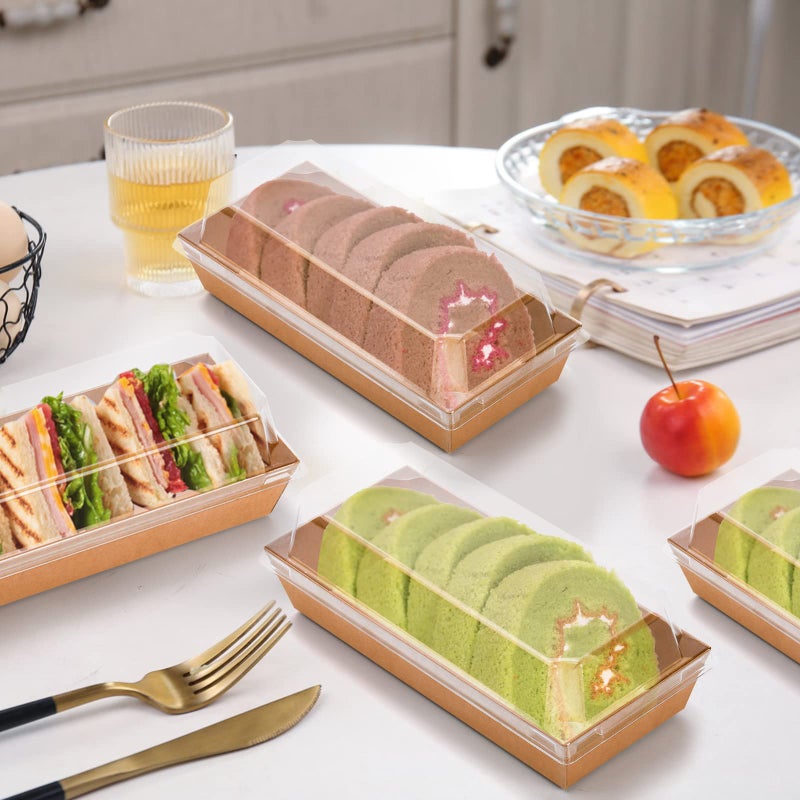 Dicunoy 100 Pack Paper Charcuterie Boxes with Clear Lids, Disposable Sandwich Boxes, Swiss Roll Cake Containers, Rectangle To Go Boxes for Sushi, Snack, Cookie, Fruits, Pastry, Desserts - Image 5