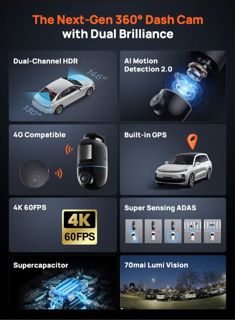 70 ماي كاميرا داش مزدوجة أمامية وخلفية 4K X800 128G، كاميرا سيارات مزودة بـ Sony IMX678، رؤية ليلية STARVIS 2، HDR 360°، 4G LTE، كشف حركة بالذكاء الاصطناعي، ADAS، واي فاي 6 بتردد 5GHz، مراقبة وقوف السيارات، تحكم صوتي - Image 3