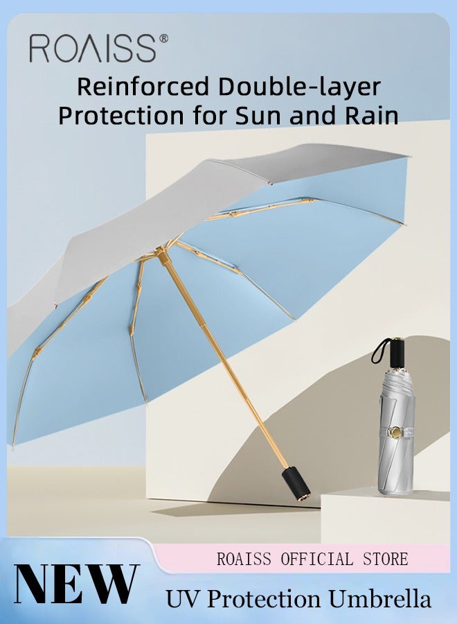 3 Fold Multi-functional Sun Umbrella with Super Sun and UV Protection Double-Layer Vinyl Sunshade 8 Rib Design for Rain and Shine Upf50+ Suitable for Commuting and Traveling Outdoors Blue