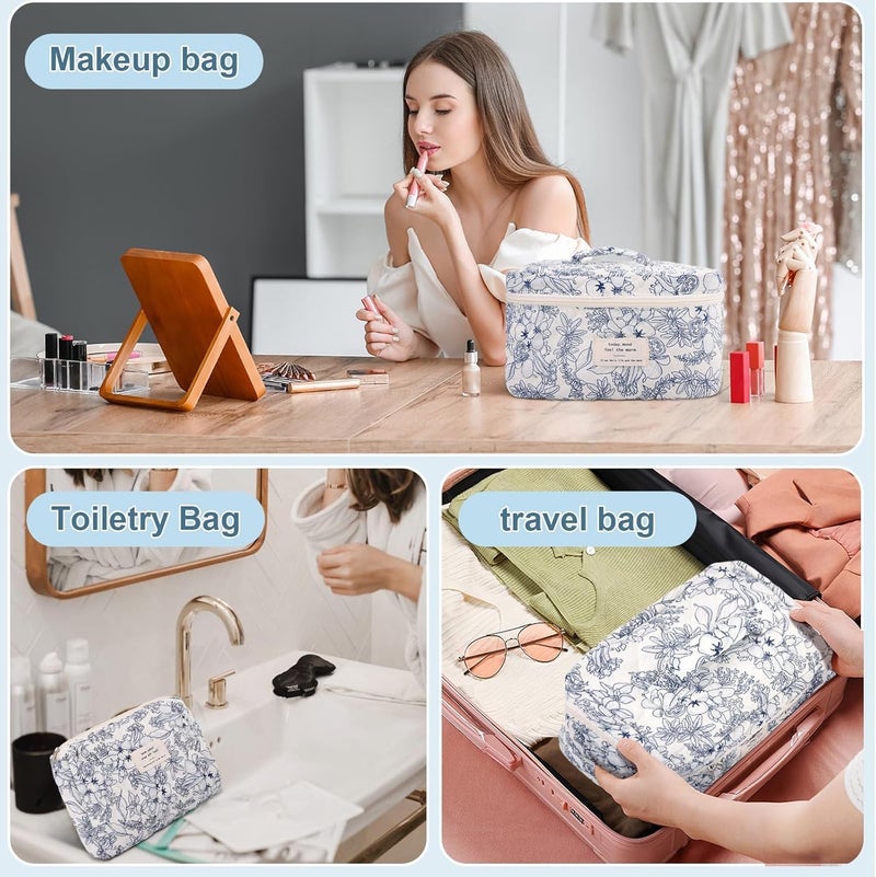 Quilted Floral Makeup Bag Set for Women - 3 Piece Cotton Cosmetic Organizer - Image 4