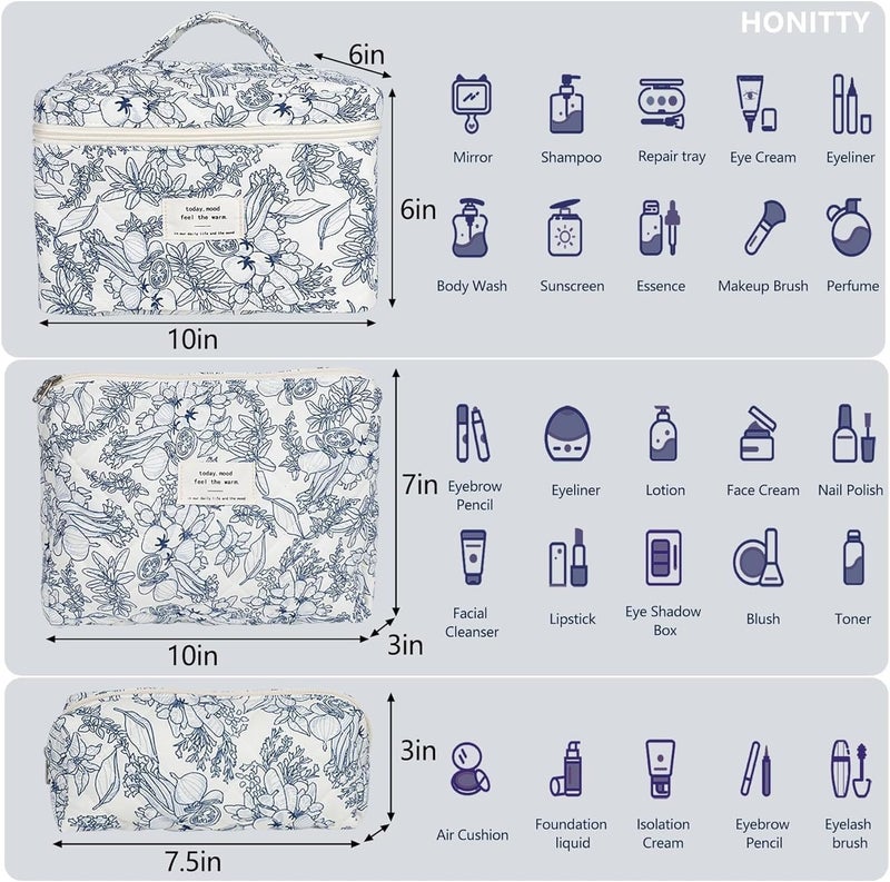 Quilted Floral Makeup Bag Set for Women - 3 Piece Cotton Cosmetic Organizer - Image 5
