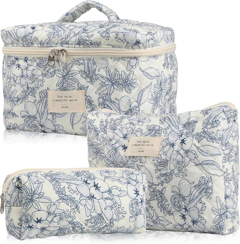 Quilted Floral Makeup Bag Set for Women - 3 Piece Cotton Cosmetic Organizer - Image 1