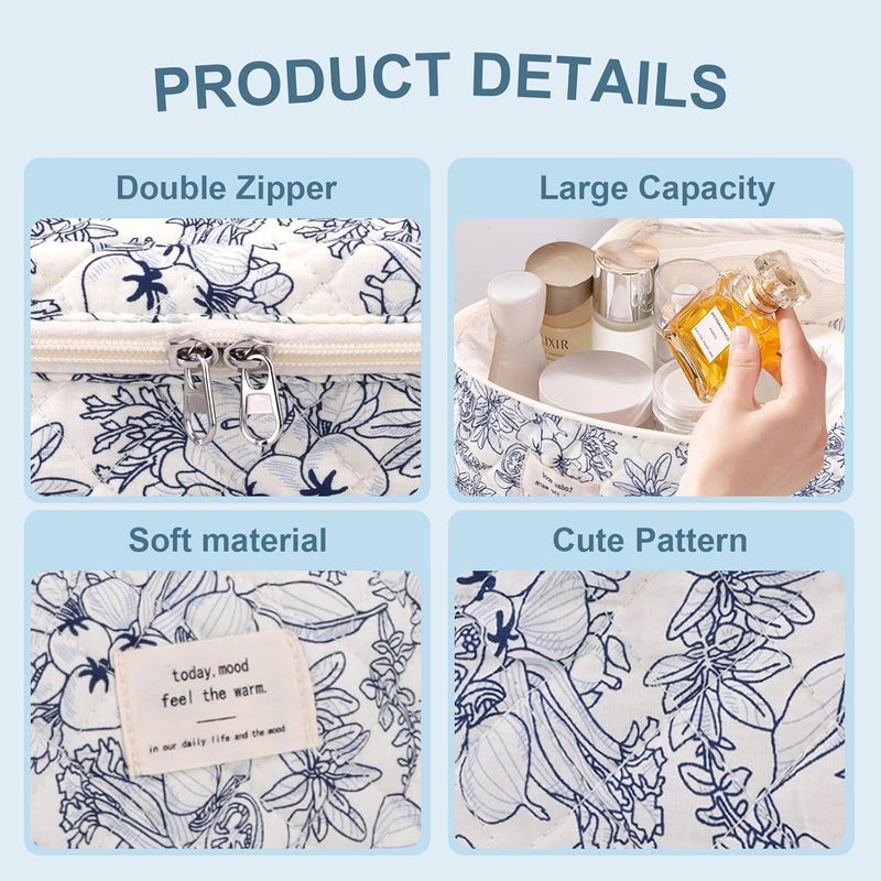 Quilted Floral Makeup Bag Set for Women - 3 Piece Cotton Cosmetic Organizer - Image 3