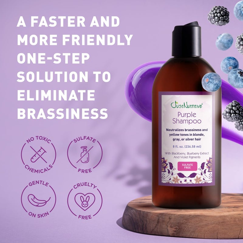 Just Nutritive Purple Toning Shampoo for Blonde, Gray, White, Silver, and Bleached Hair - Eliminate Brassiness, Boost Shine, Repairs, Hydrates, Sulfate-Free, Paraben-Free, Anti-Yellowing, 8 oz. - Image 5