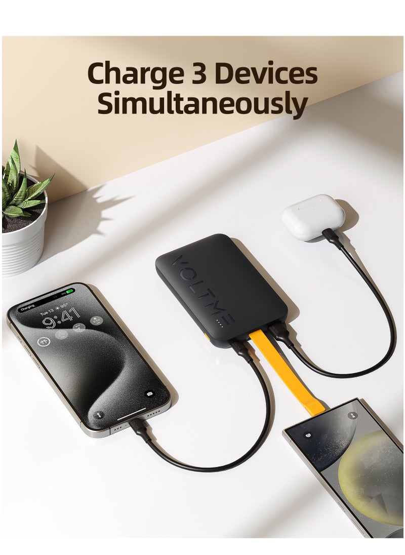 VOLTME - 10000 mAh 10000mAh USB C Fast Charging Power Bank, Built-in Type-C Cable, High-Speed 22.5W Ultra Slim and Compact Battery Pack, PD 20W iPhone Portable Charger, 3 Output Battery Pack Compatible with iPhone 16/15/14/13/12 Series, Samsung S24/S23/S22, iPad Pro/Air, AirPods, Android Devices, Lightweight & Travel-Friendly Charger (Black) - Image 1