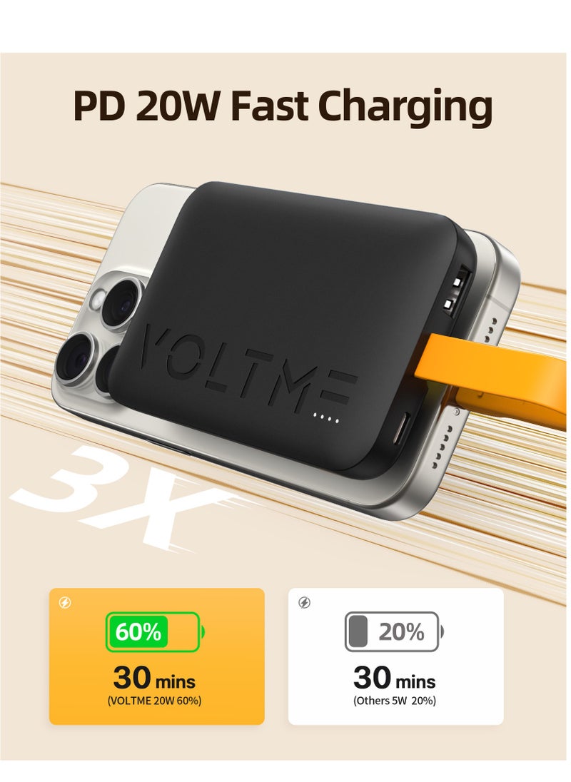 VOLTME - 10000 mAh 10000mAh USB C Fast Charging Power Bank, Built-in Type-C Cable, High-Speed 22.5W Ultra Slim and Compact Battery Pack, PD 20W iPhone Portable Charger, 3 Output Battery Pack Compatible with iPhone 16/15/14/13/12 Series, Samsung S24/S23/S22, iPad Pro/Air, AirPods, Android Devices, Lightweight & Travel-Friendly Charger (Black) - Image 1