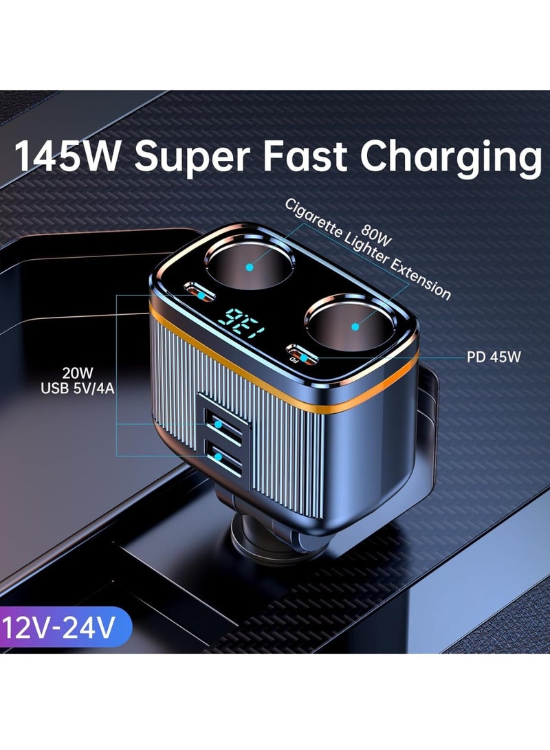 USB C Car Charger Adapter, 145W Super Fast Cigarette Lighter USB Charger Adapter, with LED Voltmeter, USB C +USB A Car Phone Charger Adapter, for iPhone Samsung  More - Image 2