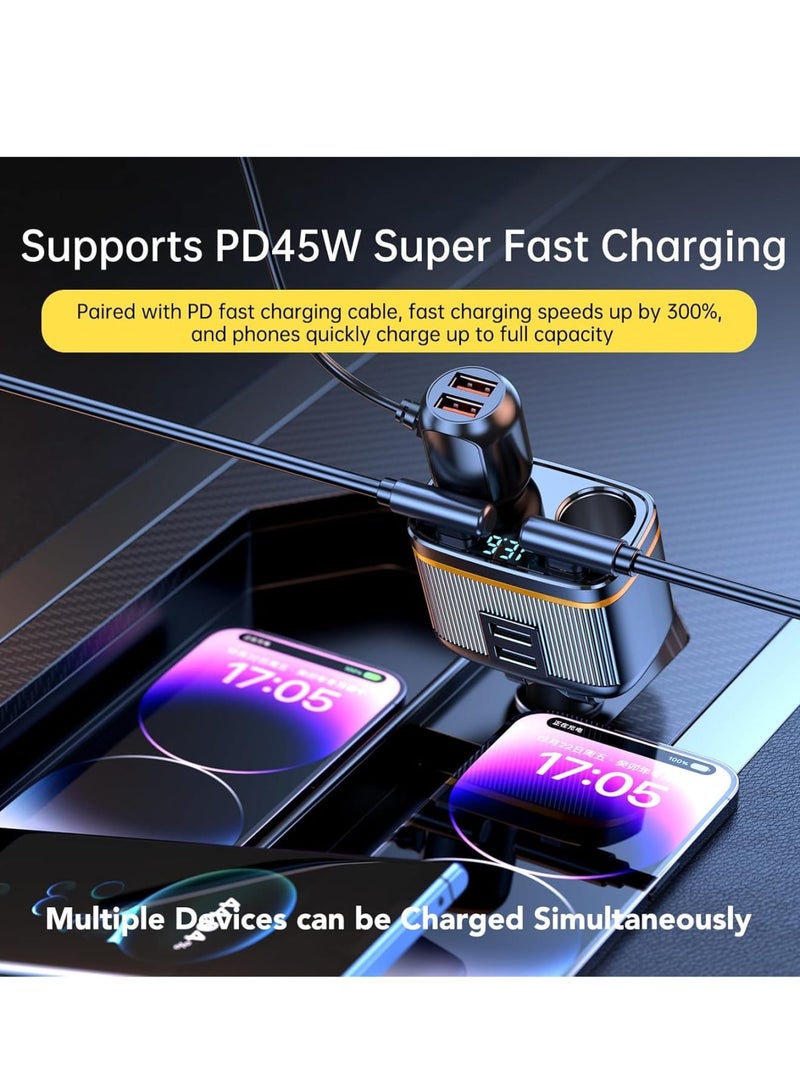 USB C Car Charger Adapter, 145W Super Fast Cigarette Lighter USB Charger Adapter, with LED Voltmeter, USB C +USB A Car Phone Charger Adapter, for iPhone Samsung  More - Image 3