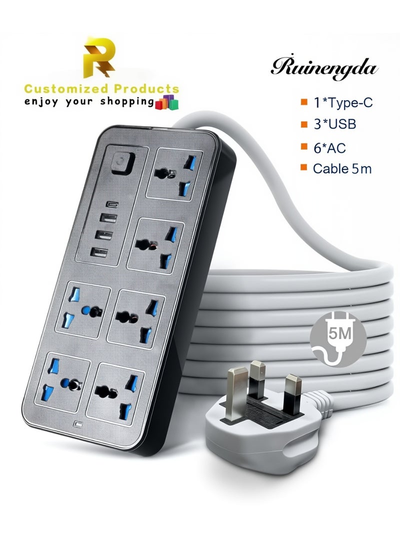 روينغدا 5 أمتار التمديد العالمي الرصاص مع وظيفة متعددة المملكة المتحدة التوصيل 3 دبوس منفذ المقابس مع 6 عصابة 3 منفذ USB 1 نوع-C منفذ 5M المقابس الكهربائي الشريط الرئيسي للمطبخ المنزلي والمكتب 5 أمتار - Image 1