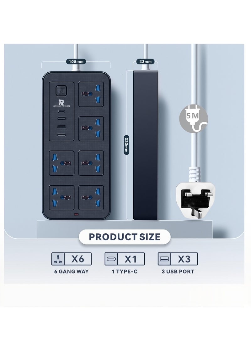 روينغدا 5 أمتار التمديد العالمي الرصاص مع وظيفة متعددة المملكة المتحدة التوصيل 3 دبوس منفذ المقابس مع 6 عصابة 3 منفذ USB 1 نوع-C منفذ 5M المقابس الكهربائي الشريط الرئيسي للمطبخ المنزلي والمكتب 5 أمتار - Image 2