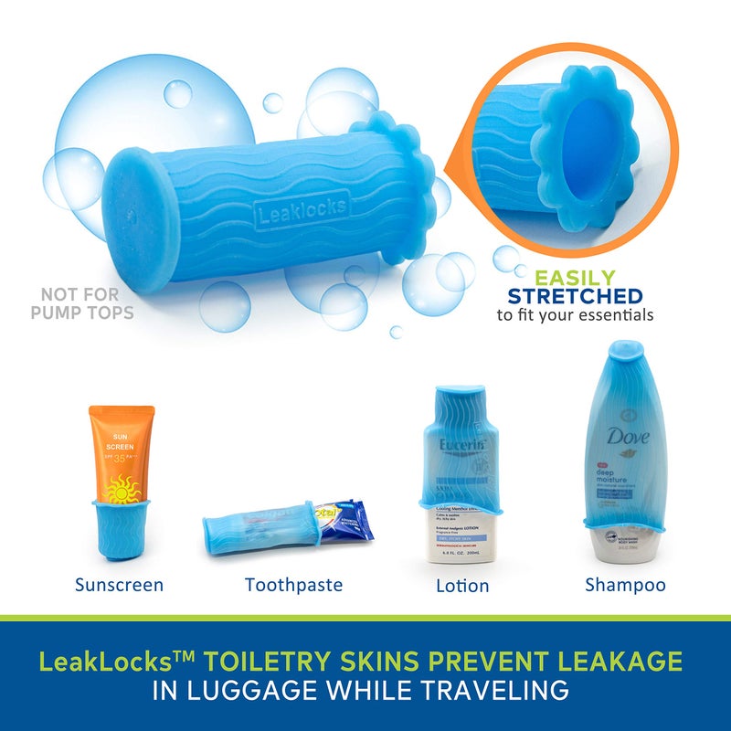 Rinseroo LeakLocks® Toiletry Skins™ Elastic Sleeve for Leak Proofing Travel Container in Luggage. For Standard and Travel Sized Toiletries. Reusable Accessory for Travel Bag Suitcase and Carry-on Luggage - Image 2