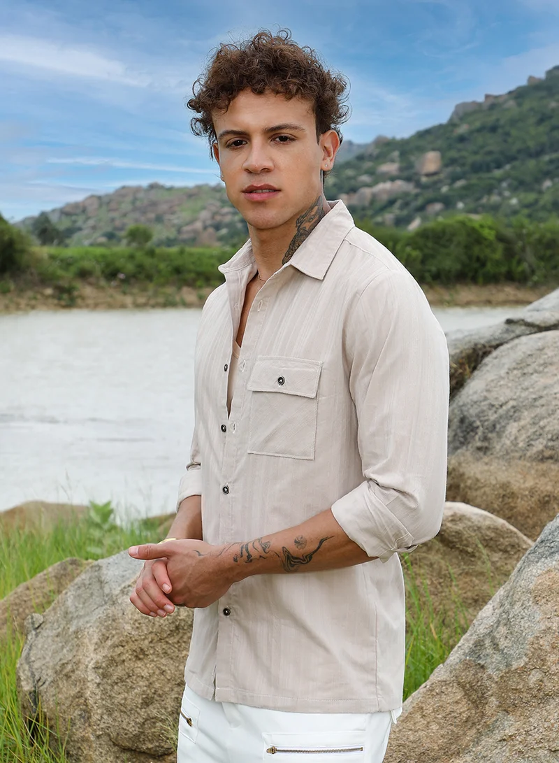 كامبوس سوترا Men's Peanut Brown Multitrack-Striped Shirt