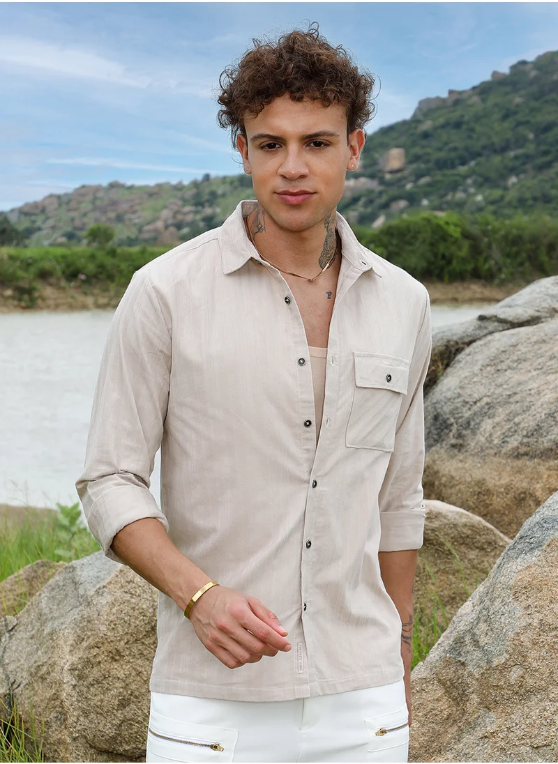 Campus Sutra Men's Peanut Brown Multitrack-Striped Shirt