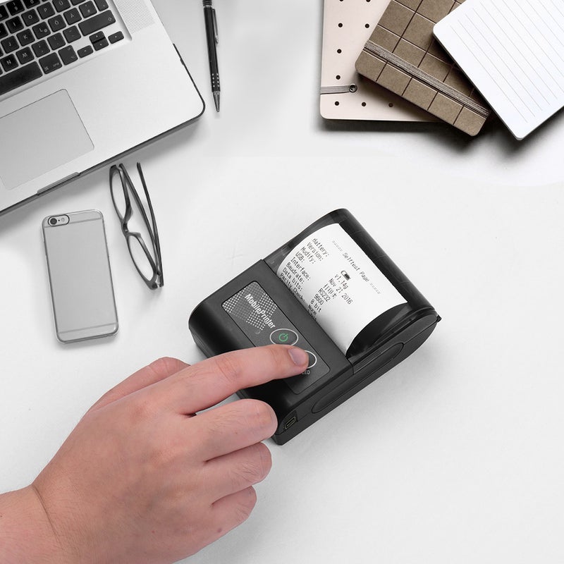 طابعة حرارية محمولة: سوداء، عرض ورقة 58 مم، دقة 203 نقطة في البوصة - اتصال مزدوج الوضع USB وبلوتوث، طباعة بدون حبر، بطارية شاحن خفيفة الوزن سعة 1500 ميللي أمبير للسفر والاستخدام في الميدان - Image 5