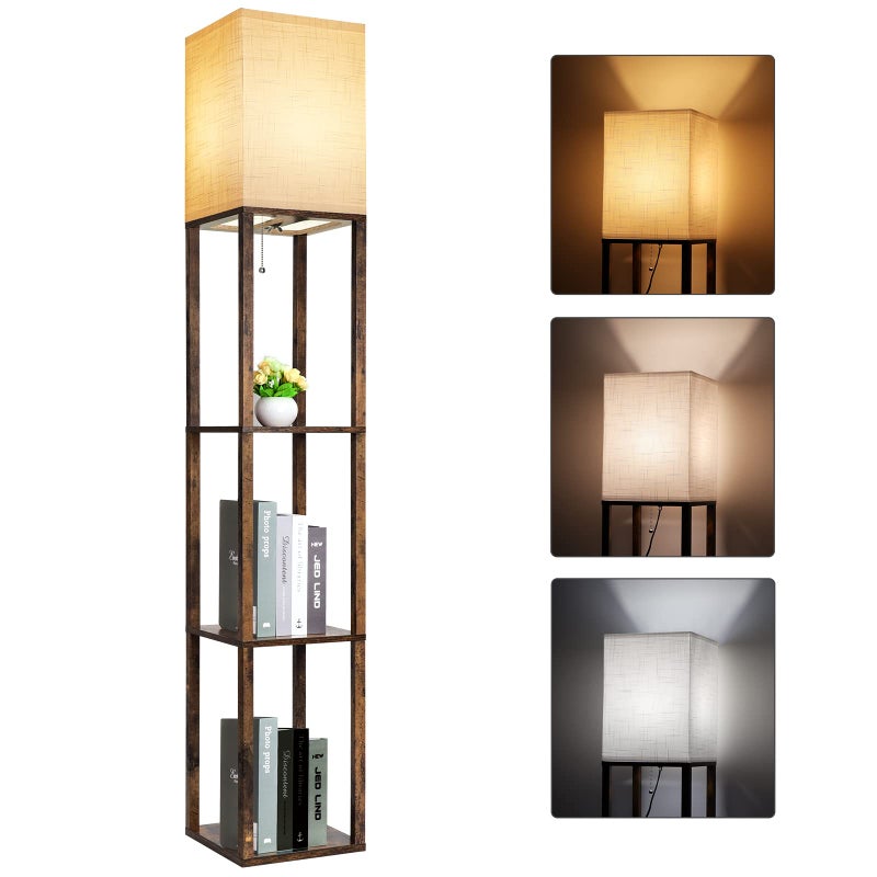 RUNTOP Floor Lamp with Shelves Modern Shelf Lamp for Display Storage 3 Color Temperature Wood Narrow Standing Corner Lamp with 8W Bulb for Living Room Decor Bedroom Office Home DecorBrown