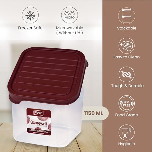 FLAIR Storewell Square Food Storage Containers Set of 6 (1150 ML)- Maroon, Air Tight Containers for Kitchen Storage Ideal kitchen box for Rice, Atta and Grains, BPA-Free, Food Grade - Image 2