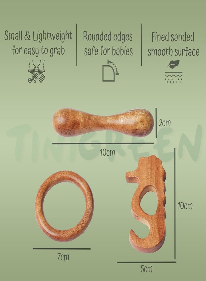 TINIGREEN Seahorse Ring Dumbbell Shaped Organic Neem Wood Teether Combo for Baby (Pack of 3) - Image 2