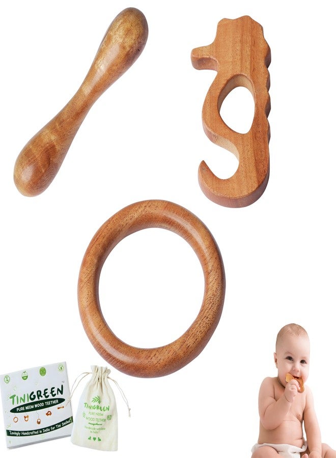 TINIGREEN Seahorse Ring Dumbbell Shaped Organic Neem Wood Teether Combo for Baby (Pack of 3) - Image 1